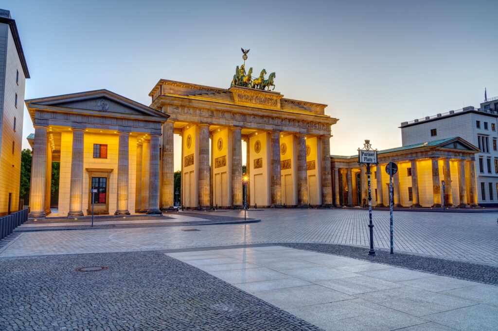 The famous illuminated Brandenburg Gate in Berlin